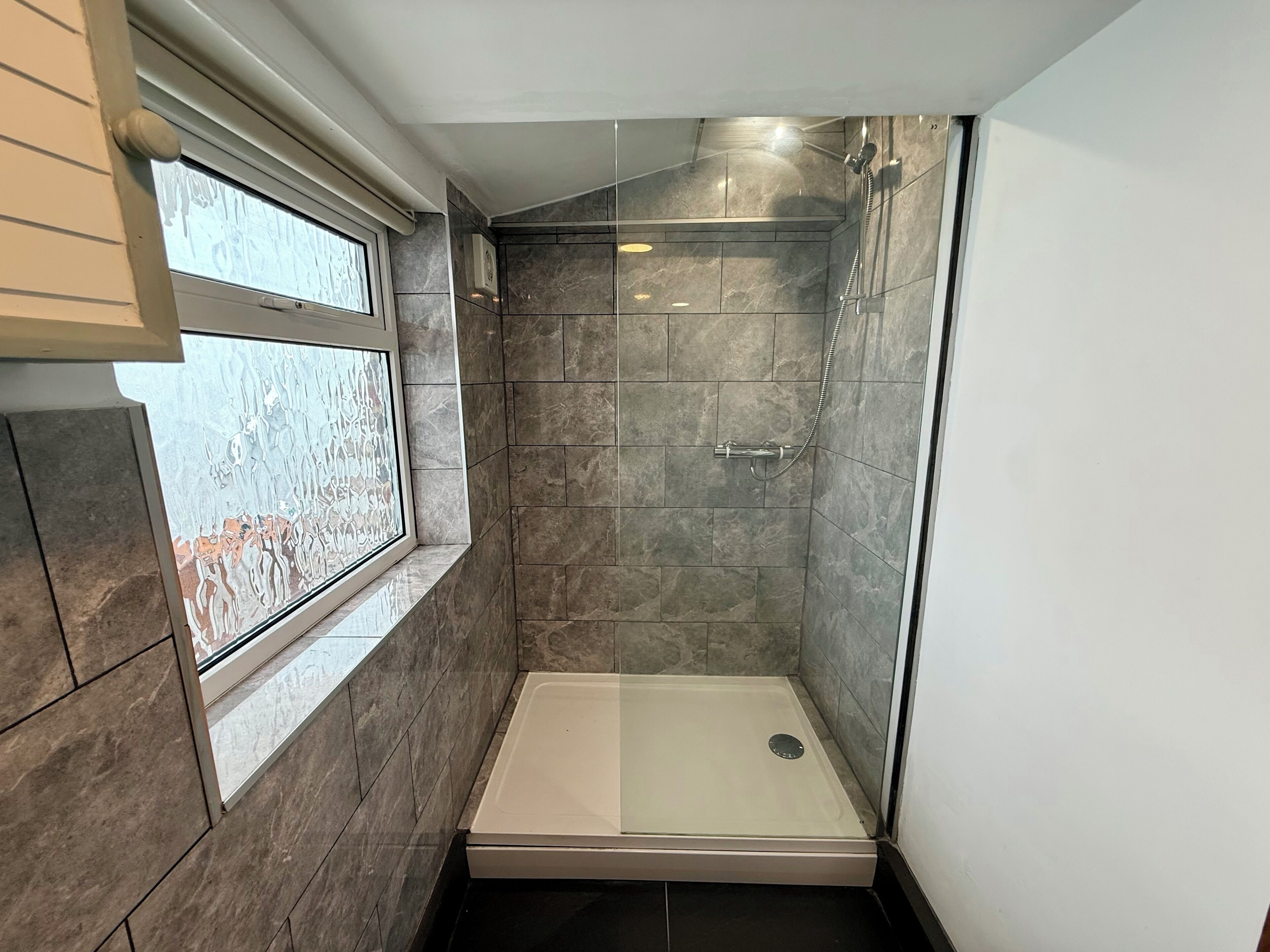 Shower, hair dryer, towels, toilet paper