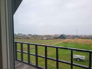 Blick vom Balkon mit Holzgeländer auf ein Wohngebiet mit Häusern und einer Wiese.