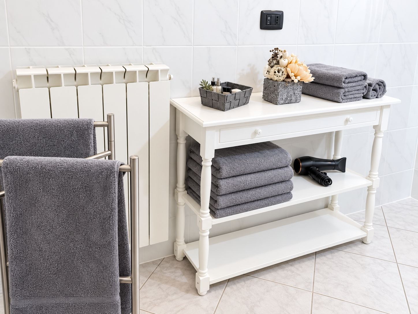 A bathroom with a white radiator, a towel rack with folded towels, a shelf with neatly stacked towels and a hairdryer, and a small basket with toiletries.