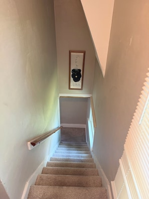 A carpeted staircase with a framed picture above it.