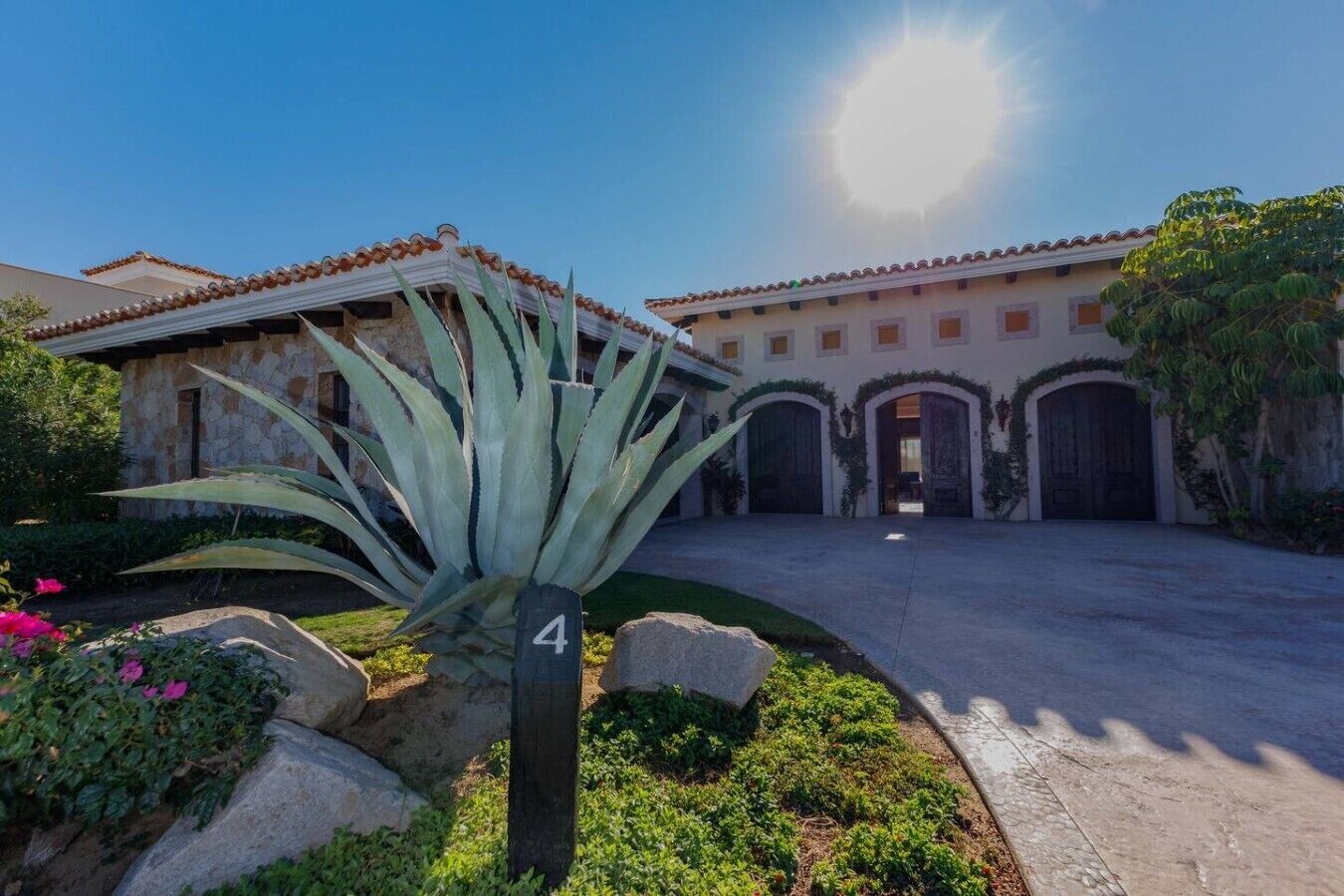 A building with a stone facade, arched doorways, and a large agave plant in the foreground.