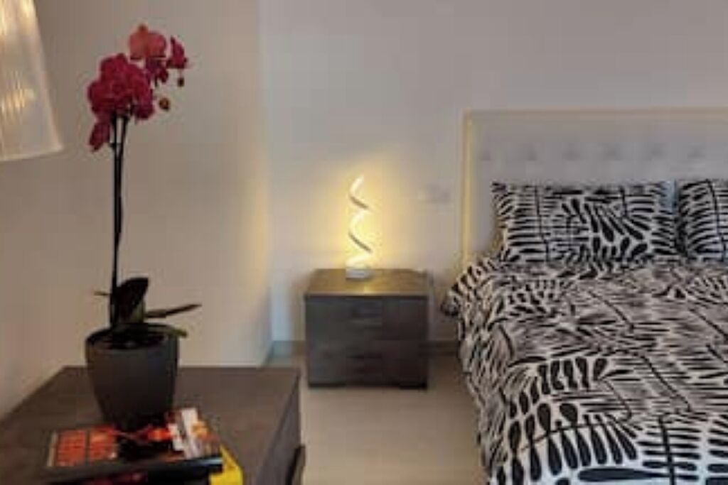 A bedroom with a zebra-patterned bedspread, a bedside lamp, and a potted plant.