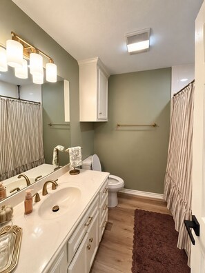 A bathroom with a white vanity, a large mirror, a toilet, and a shower curtain. - 3-bedroom near Texas A&M Campus! (College Station)