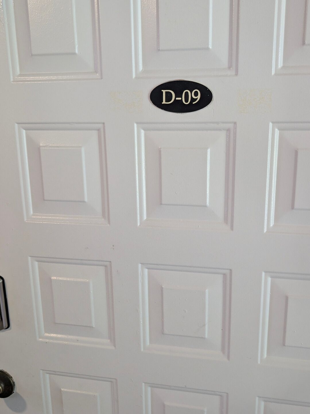Una puerta blanca con un diseño de panel rectangular y una etiqueta negra que muestra el texto 'D-09'.