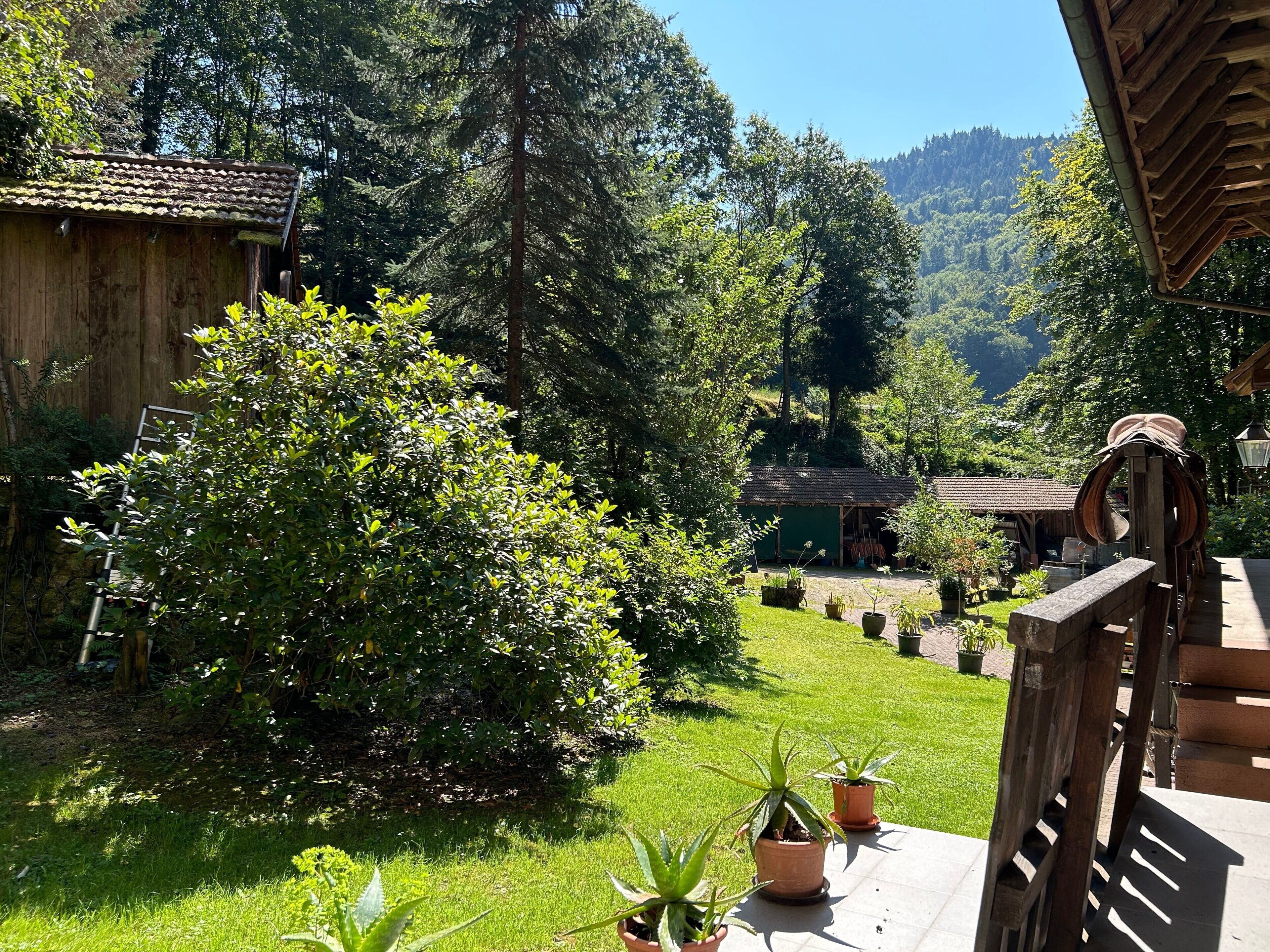 Eine Holzhütte mit einem Ziegeldach, umgeben von üppigem Grün und wolkenlosem Himmel.