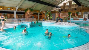 An indoor swimming pool with multiple lanes, a netted play area, and a tropical-themed mural on the wall. - Chalet Near Efteling Theme Park (Kaatsheuvel)