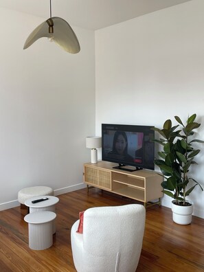 A modern living room with a television, a sofa, a small table, and a potted plant. - Elegance & Light in the Heart of Brest (3 bedrooms/6 guests) (Brest)