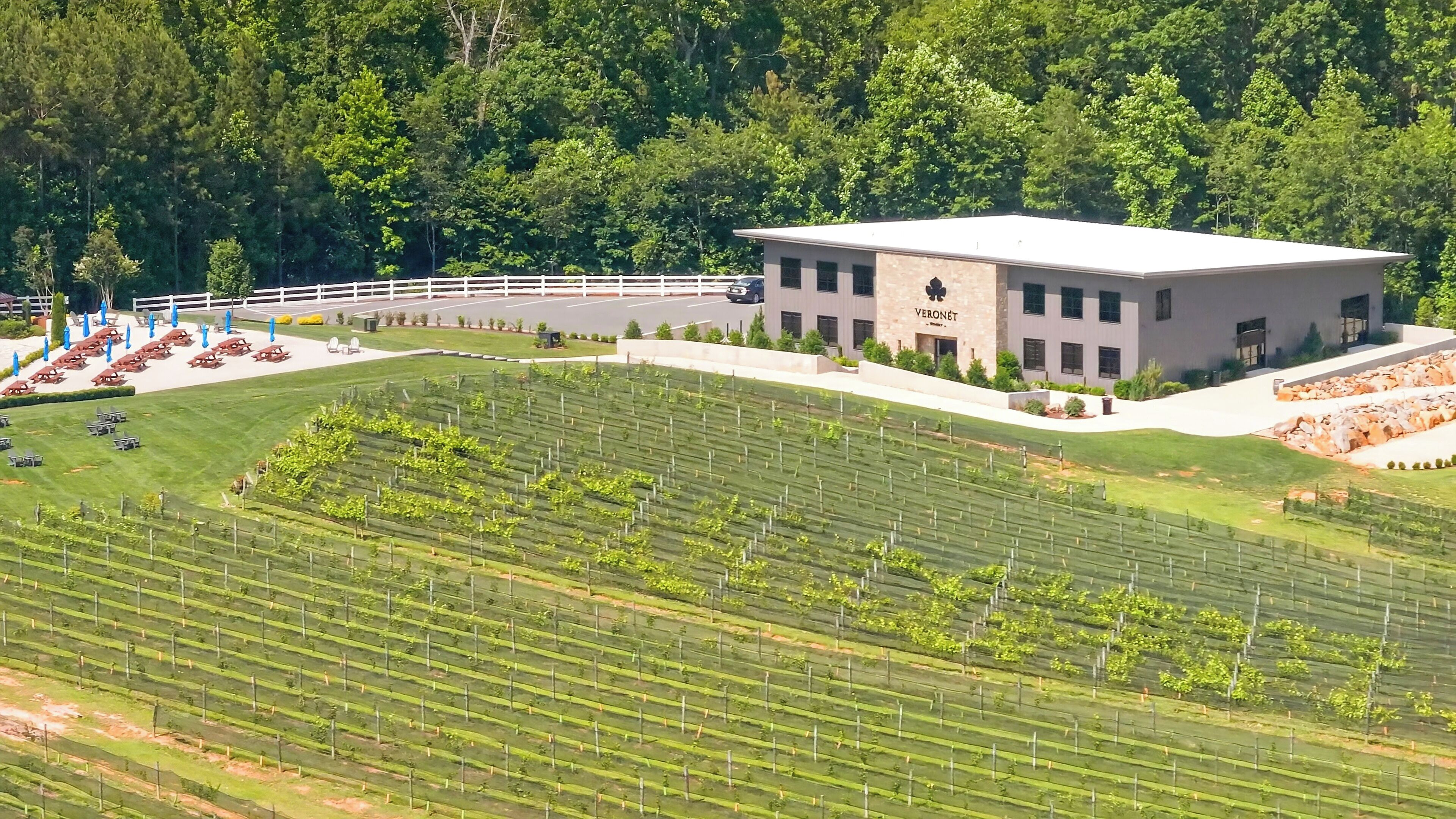 Un vignoble avec des rangées de vignes, un bâtiment portant l’inscription « VERONET », et un espace de stationnement avec des voitures.