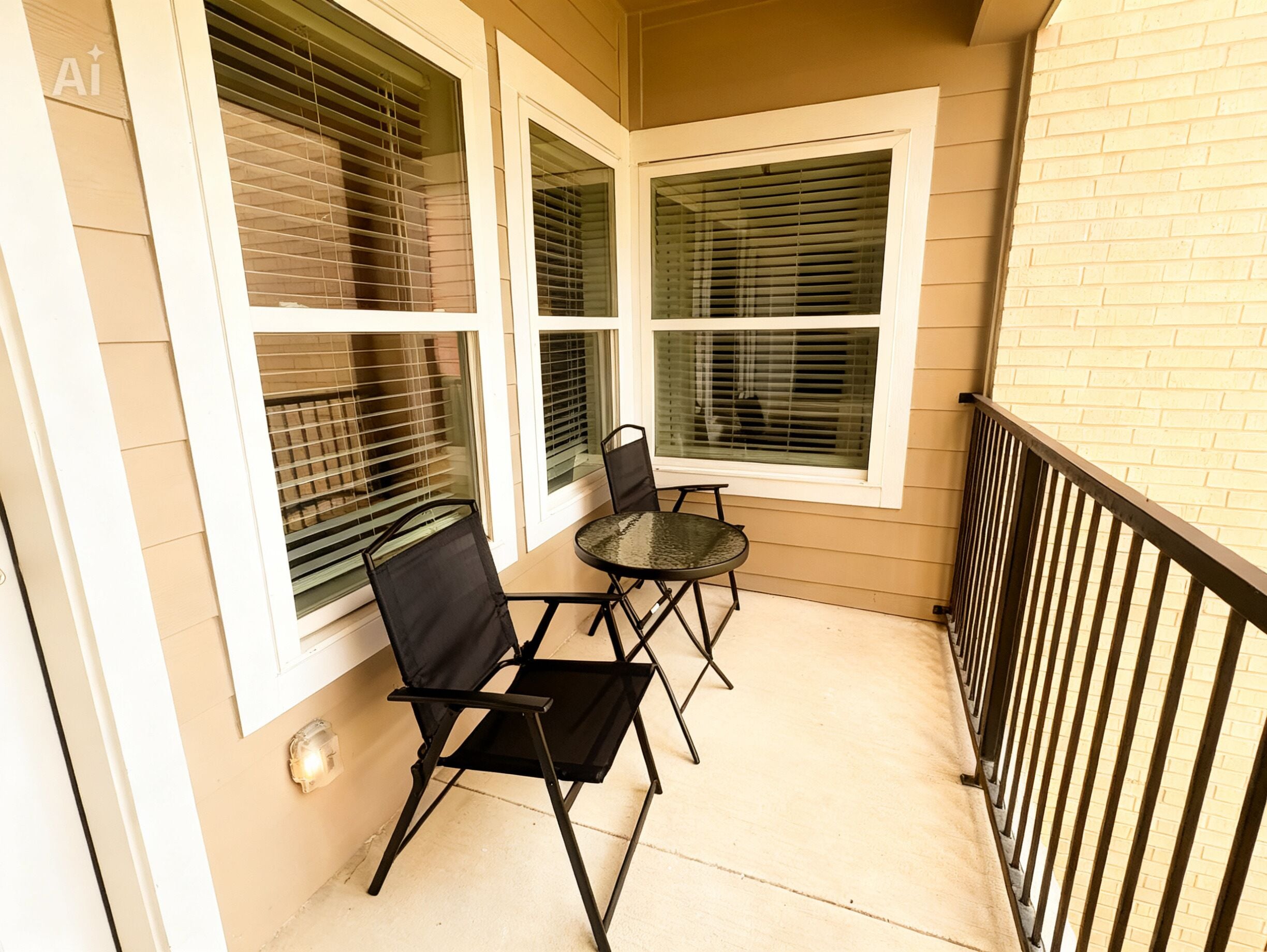 Ein Balkon mit Tisch und zwei Stühlen, eine Ziegelwand und ein Fenster mit Rollläden.