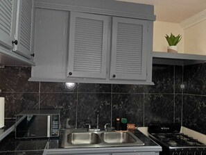 A kitchen with a double sink, a stove, and a microwave. - Cozy Island Retreat - short walk to beach & shops! (Choc)