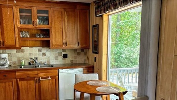 A kitchen with wooden cabinets, a white dishwasher, a dining table with two chairs, and a view of greenery outside. - Lake Alexander Hideaway - Waterfront, Private Dock (Cushing)