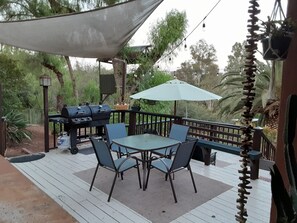 Eine Terrasse im Freien mit Tisch, Stühlen, einem Grill und einer hängenden Pflanze.
