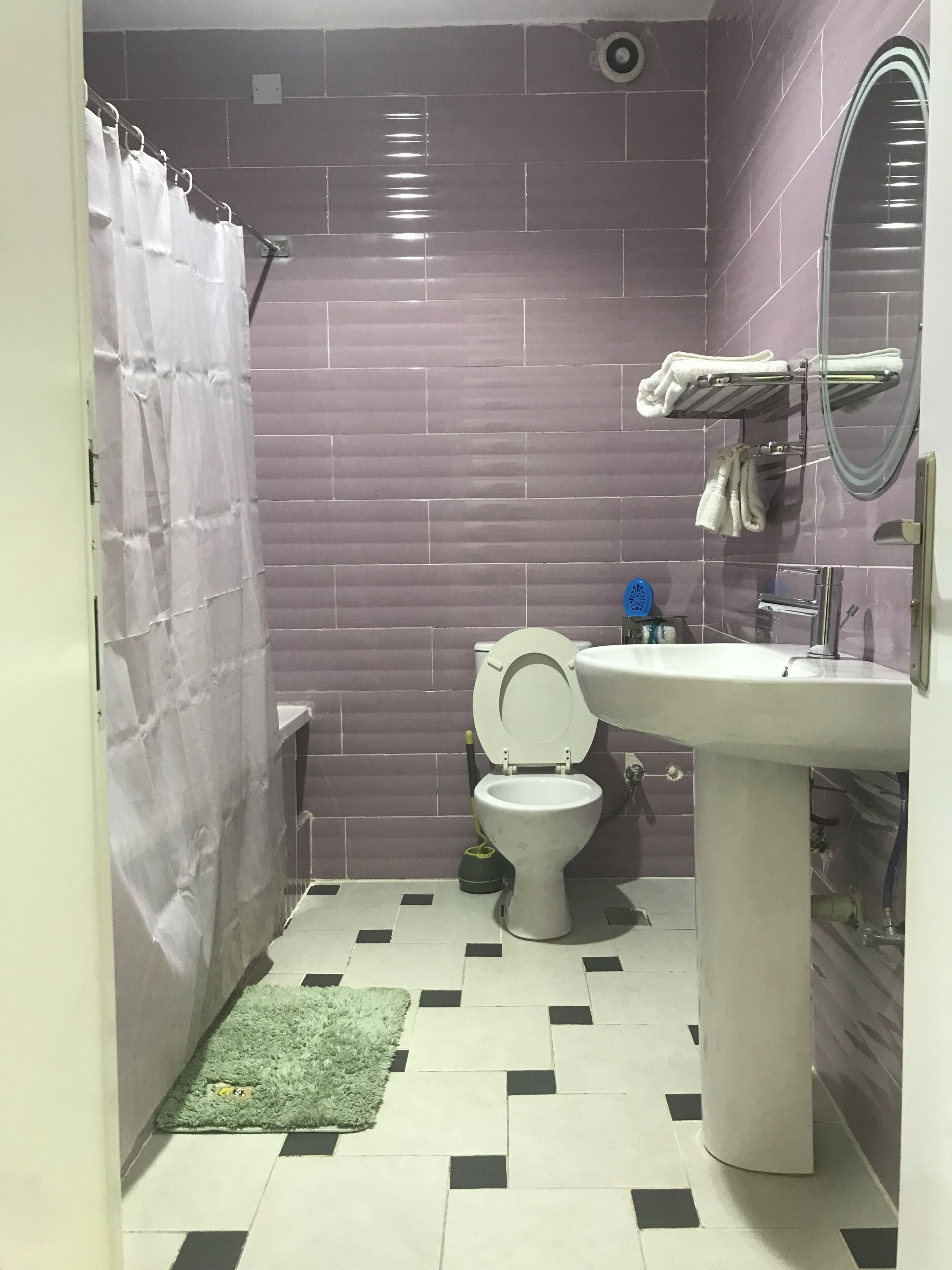A bathroom with a toilet, sink, and shower curtain.