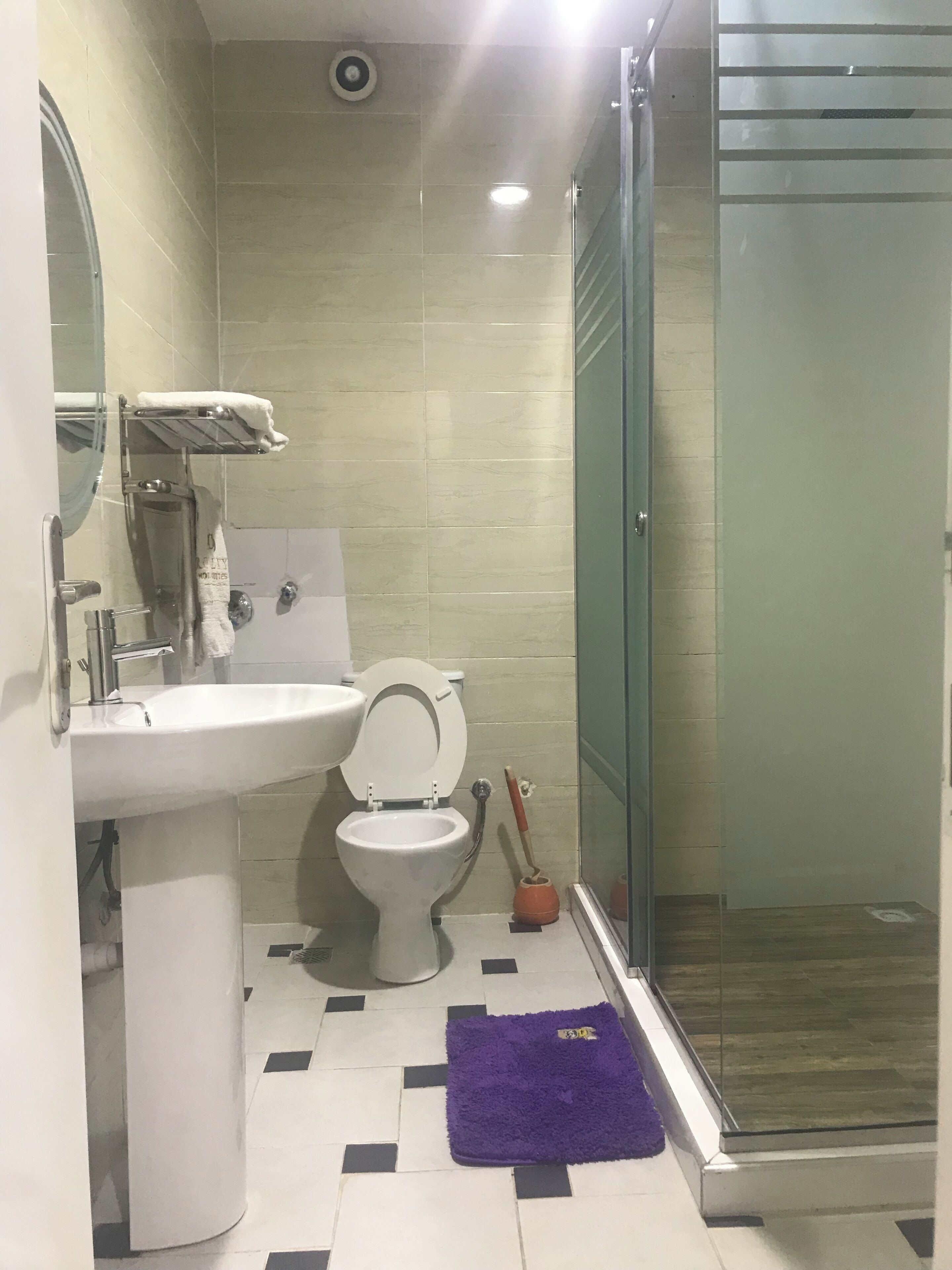 A bathroom with a toilet, sink, and shower.