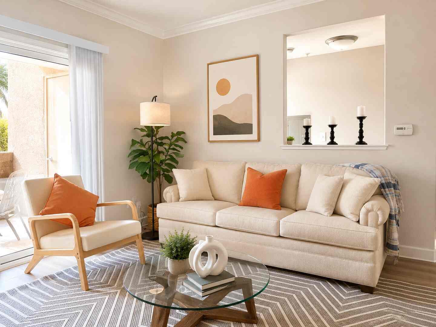 Un salon avec un canapé, un fauteuil, une table basse en verre et une plante en pot.