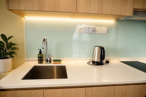 Una cocina moderna con un lavamanos de acero inoxidable, una tetera y una planta en maceta.
