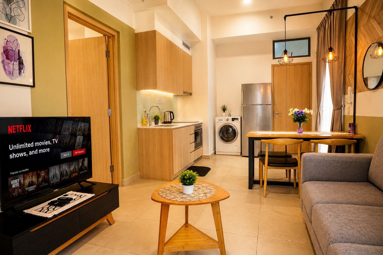 Una sala moderna con una televisión mostrando contenido de Netflix, un comedor con mesa y sillas, y una cocina con lavadora y refrigerador.