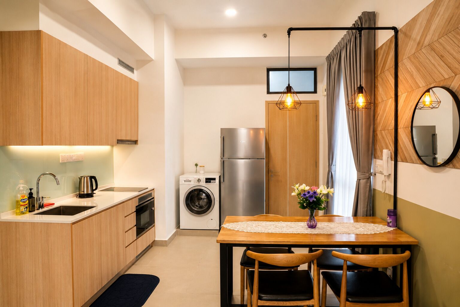 A compact kitchen with a washing machine, a dining table with chairs, and a mirror on the wall.