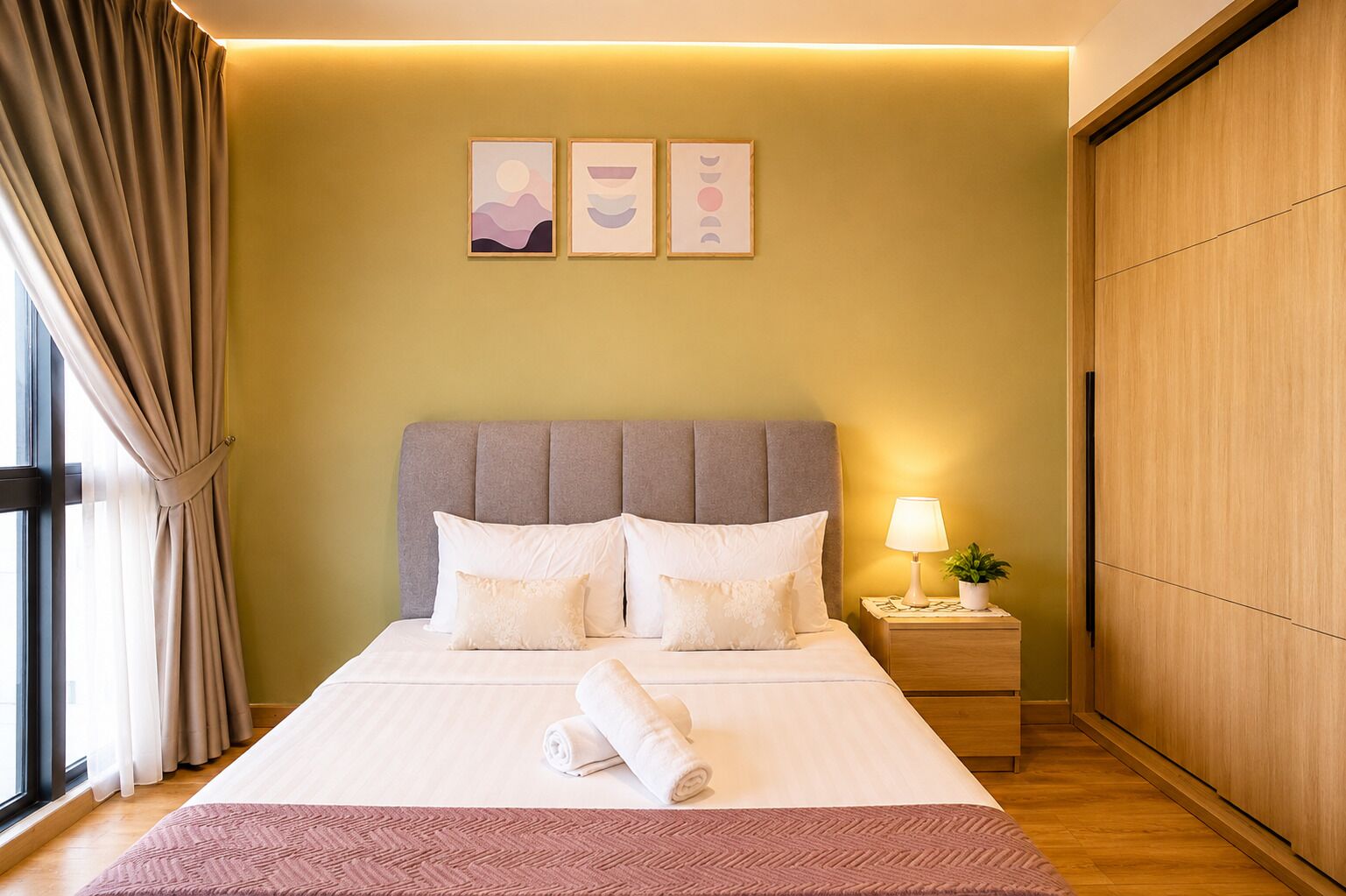 Une chambre d’hôtel avec un lit, une table de chevet, une lampe et une fenêtre avec des rideaux.