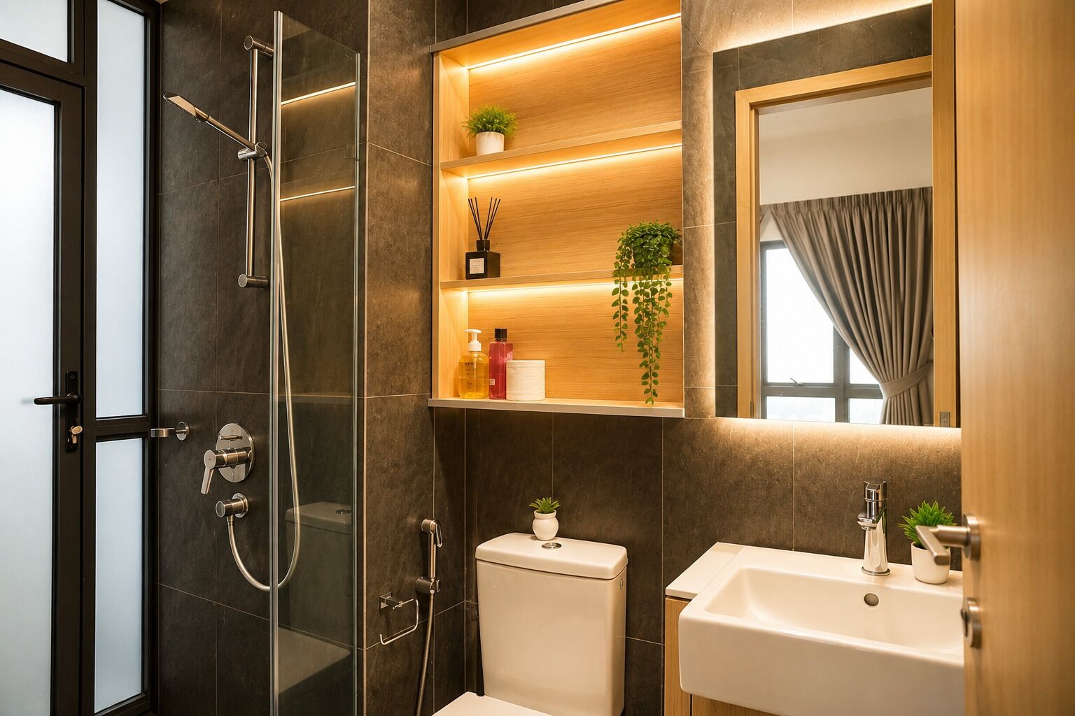 Ein modernes Badezimmer mit Duschkabine aus Glas, Toilette, Waschbecken und Spiegel.