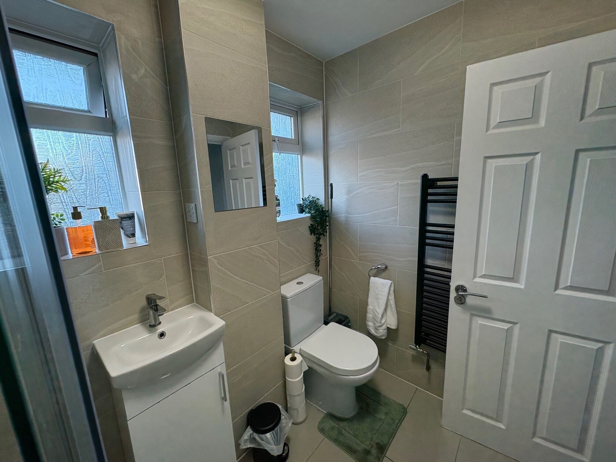 Hair dryer, towels, soap, toilet paper