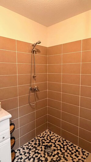 Hair dryer, towels, soap, toilet paper