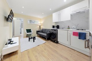 Ein gemütlicher, kompakter Wohnraum mit Sofa, kleinem Tisch, Waschmaschine und einer Küchenzeile.