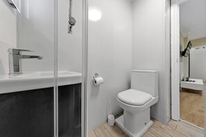 Ein modernes Badezimmer mit Duschkabine aus Glas, einer weißen Toilette und einem Waschbecken mit Chromarmatur.