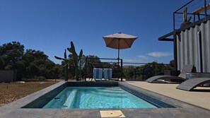 A swimming pool with a tiled edge, a lounge chair, a sun umbrella, and a cactus plant. - Villa Boutique(+12) Alberca privada Valle de Gpe (San antonio de las minas)