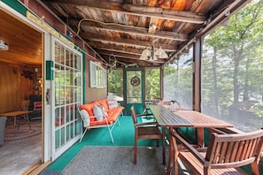 Outdoor dining - NEW!! Pondview Cabin - Private Dock on West Pond (Parsonsfield)