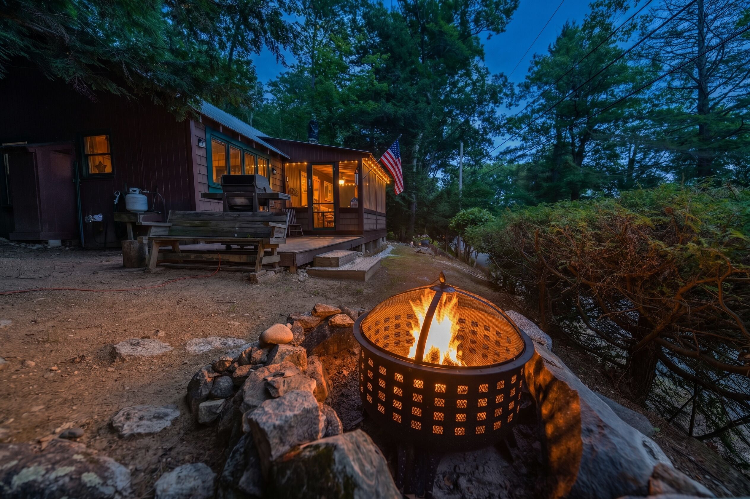 A cabin with a fire pit in the foreground, surrounded by rocks.
