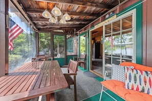 Outdoor dining - NEW!! Pondview Cabin - Private Dock on West Pond (Parsonsfield)