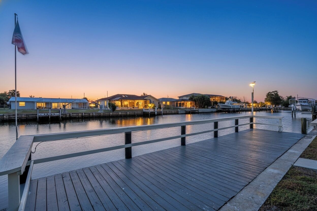 A waterfront property with a wooden deck, a flag, and buildings with lights on.