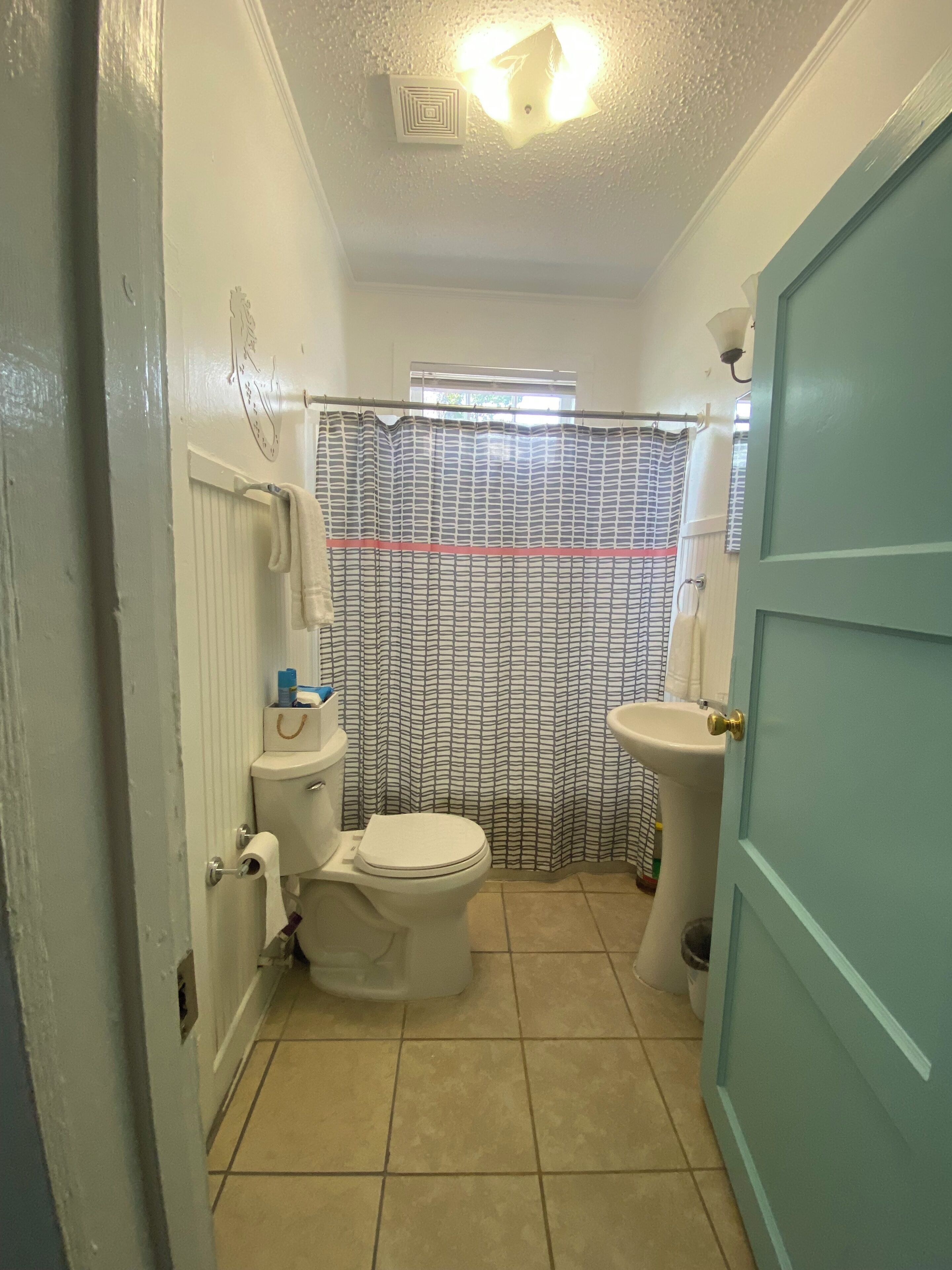 Een badkamer met toilet, wastafel, douchegordijn en deur.