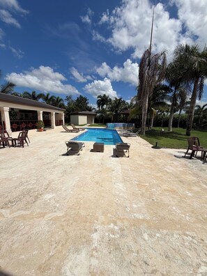 A swimming pool with lounge chairs, a covered patio area, and palm trees in the background.