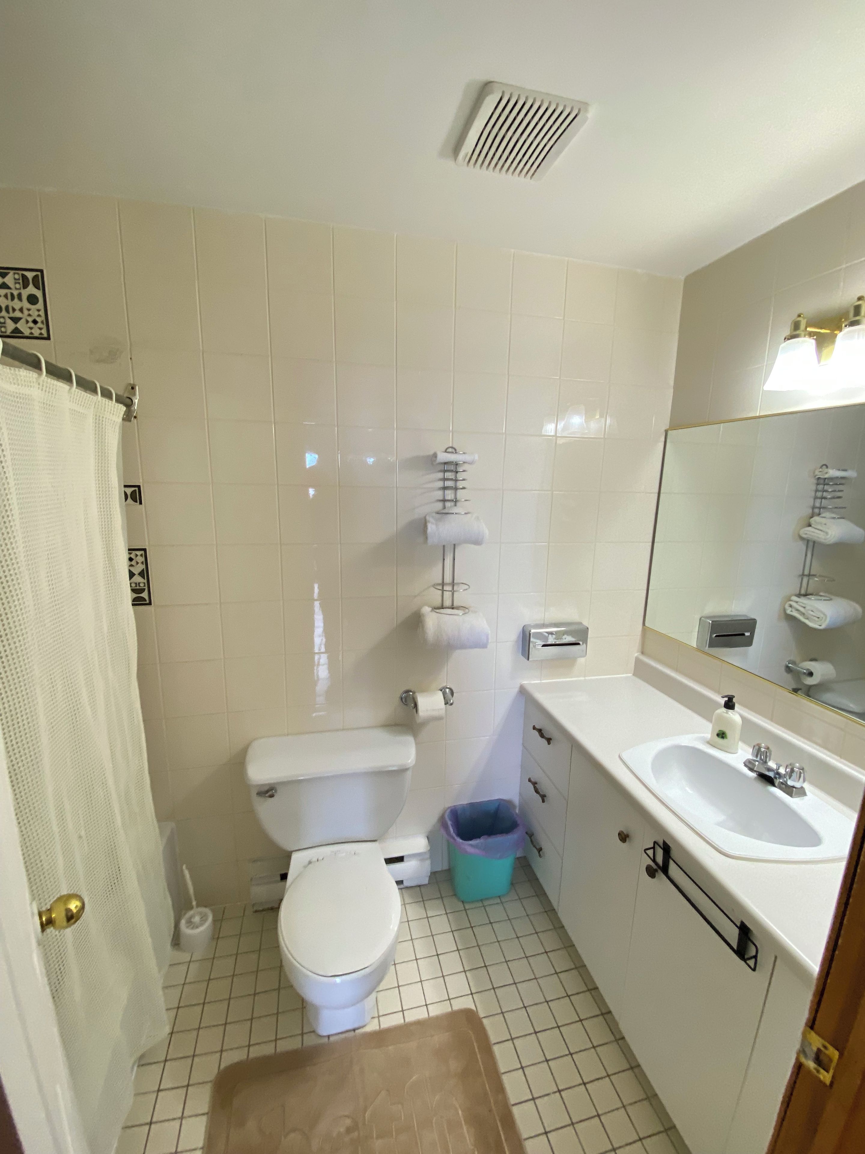 A bathroom with a toilet, sink, and a shower curtain.