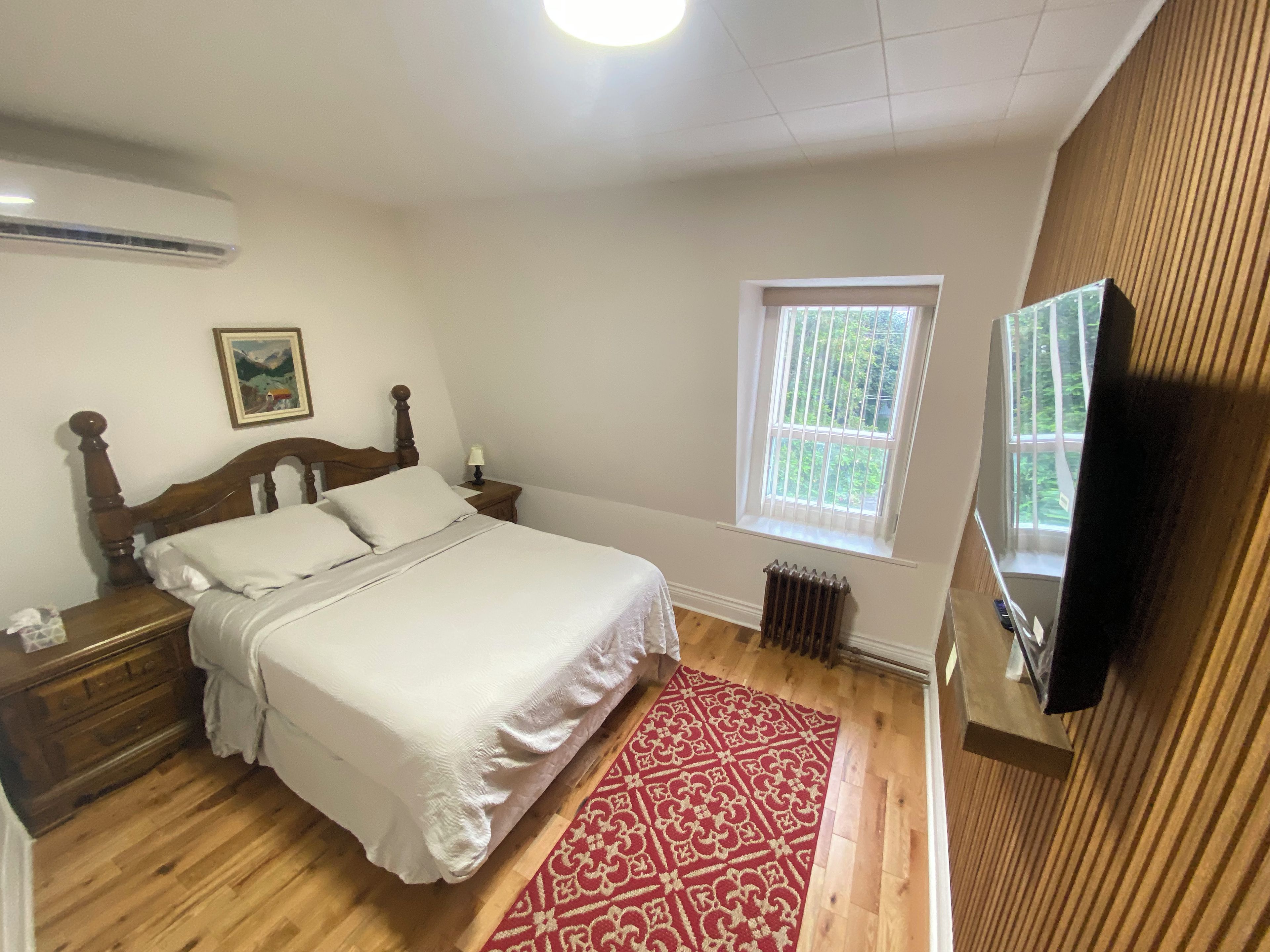 A bedroom with a bed, nightstands, a radiator, a window, and a television.