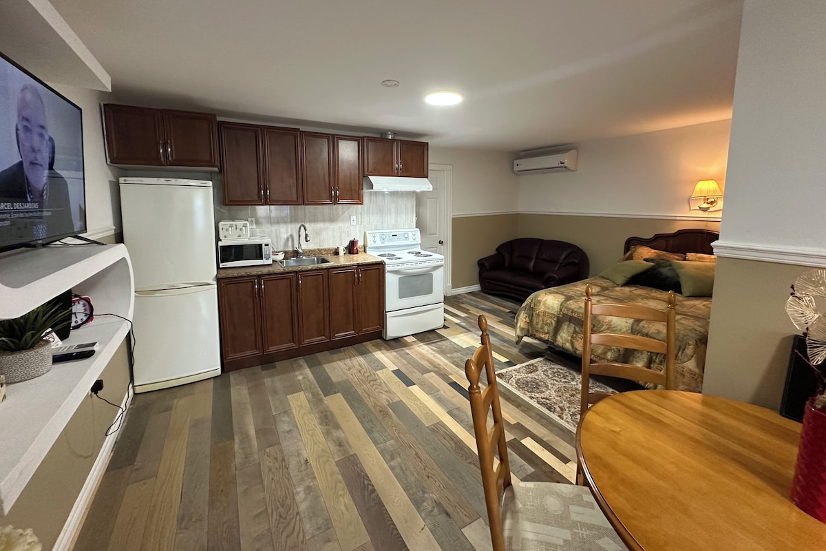 A compact living space with a kitchenette, a dining area, and a bedroom.
