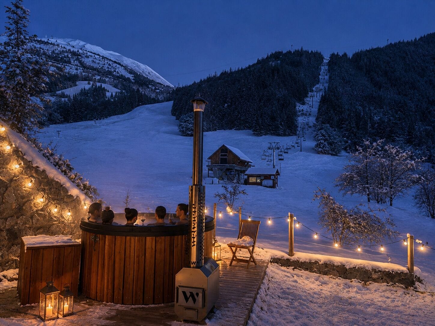 Un bain à remous en bois entouré de personnes, une terrasse en bois et un chalet en arrière-plan.