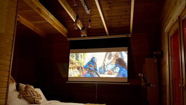 A bedroom with a bed, a television mounted on the wall, and wooden walls. - Chalet de la Garde - Alpe d'Huez Resort (La Garde)