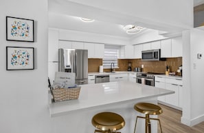 A modern kitchen with a central island, stainless steel appliances, and a minimalist design. - The '59 Flamingo | Pool, Hot Tub & Cold Plunge (Apollo Beach)