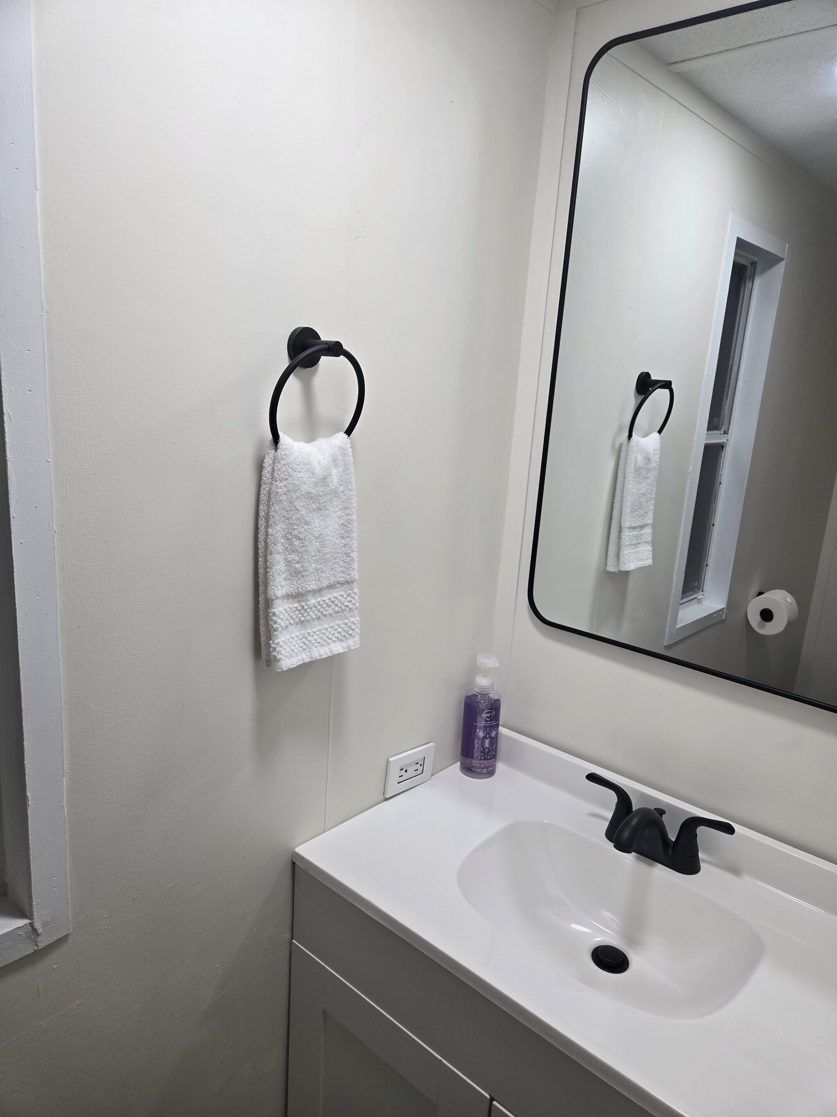 Une salle de bain avec un lavabo blanc, un miroir, un porte-serviettes et un flacon de savon pour les mains.