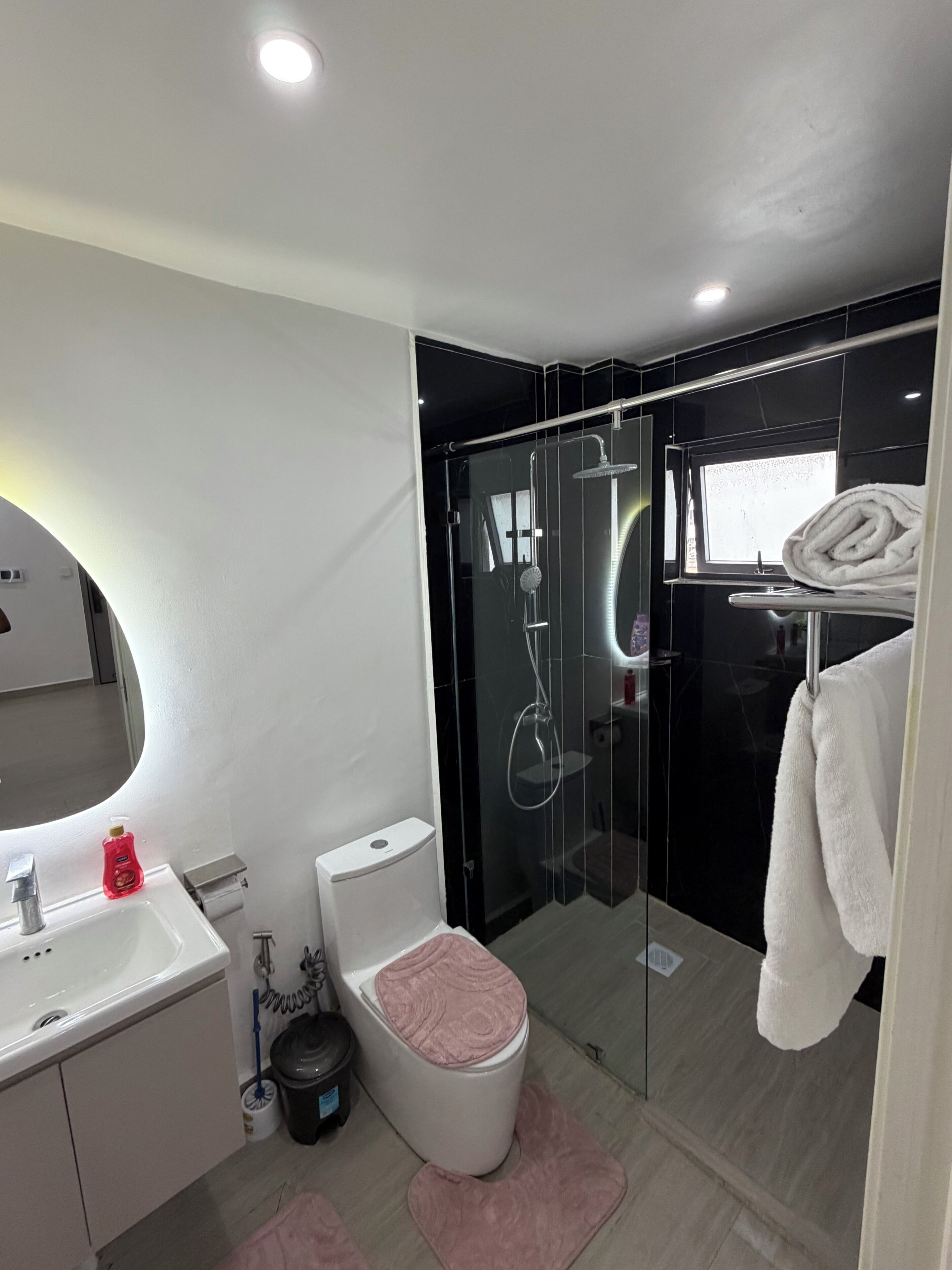 Un bany modern amb dutxa de vidre, un lavabo blanc i un vàter amb tapa rosa.