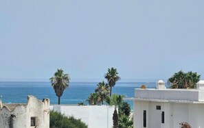 A coastal view with white buildings, palm trees, and the sea. - Relaxation and comfort just a few steps from the beach (Cabo Negro)