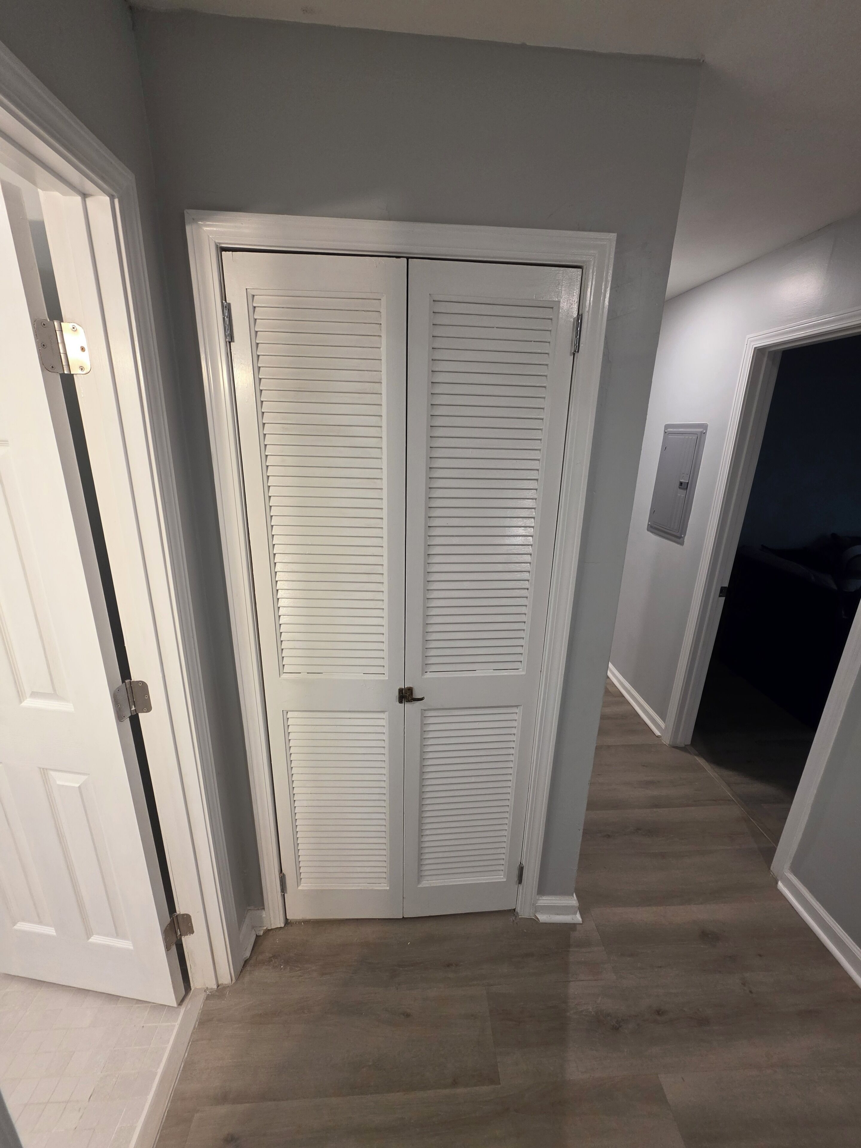 A hallway with a white door and a closet with louvered doors.