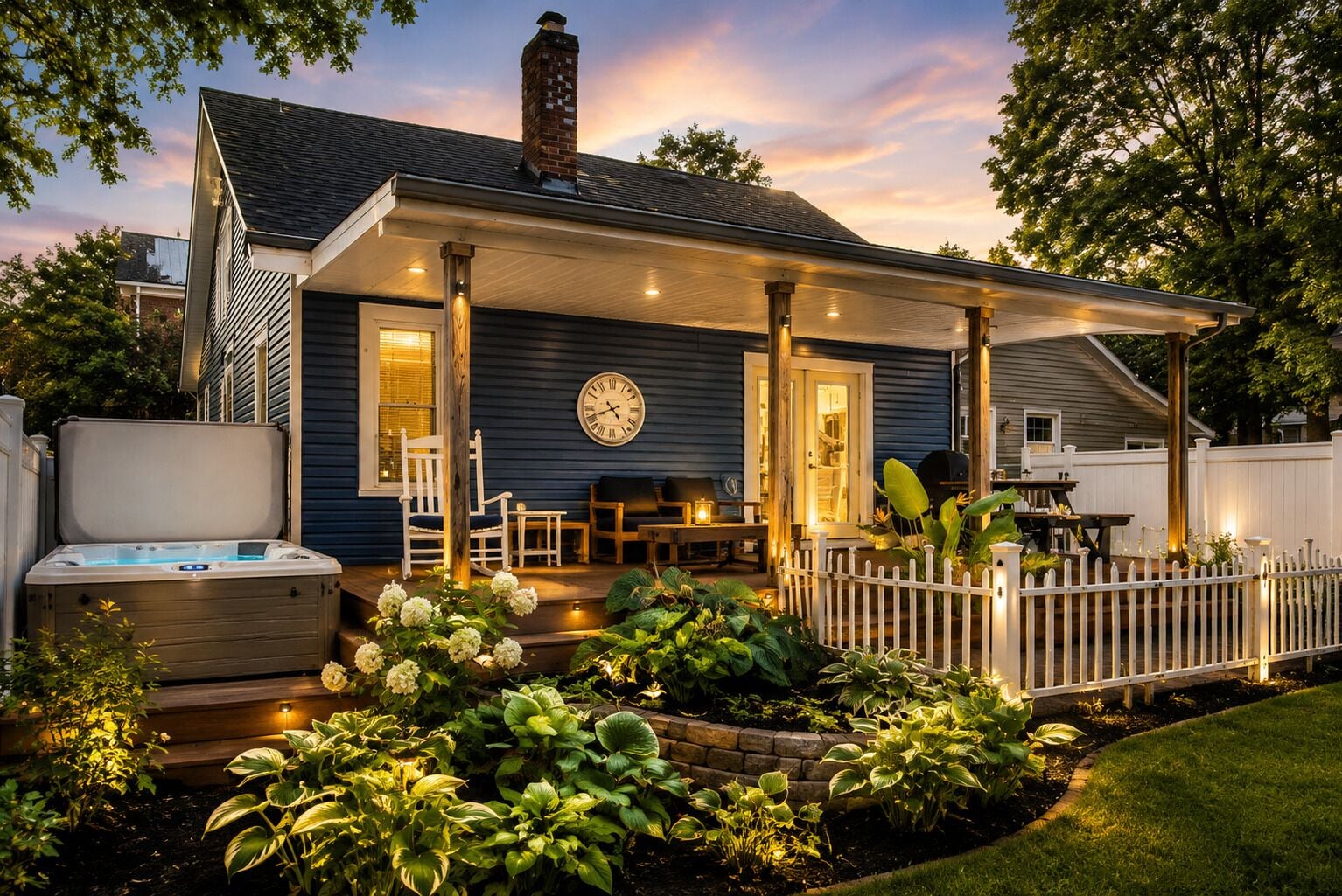 A residential property with a covered patio, a hot tub, and a variety of plants.