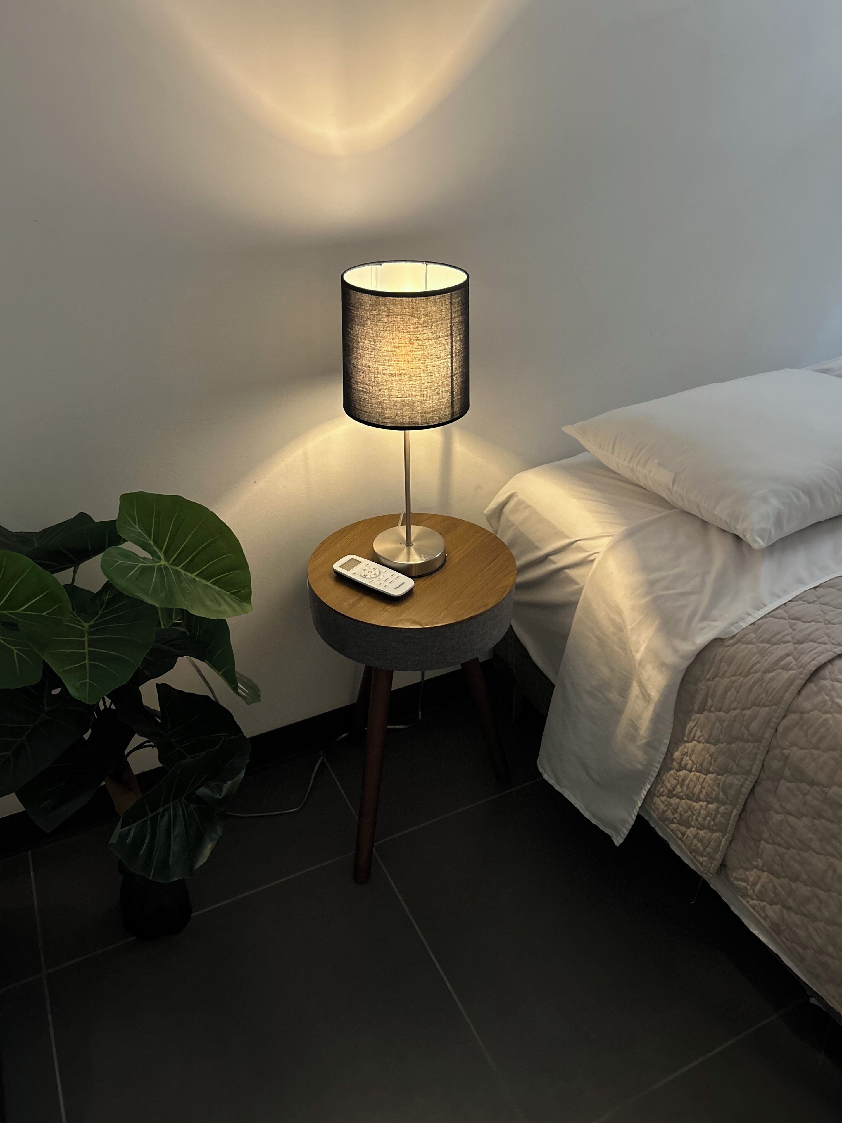 Un dormitorio con una mesita de noche, una lámpara, un control remoto, una cama con ropa blanca y una planta en maceta.