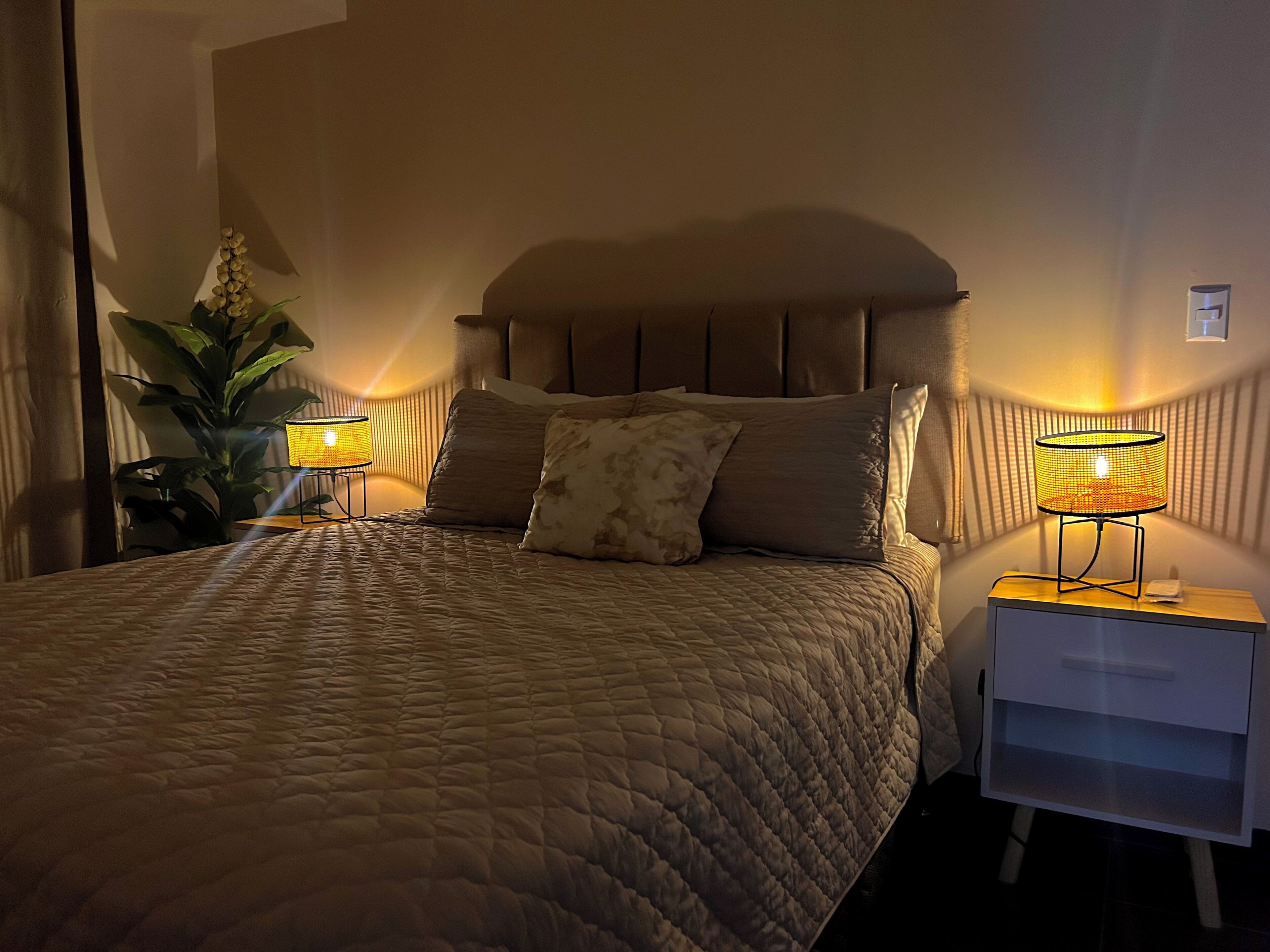 Une chambre à coucher avec un lit, deux lampes de chevet, une table de chevet et une plante en pot.