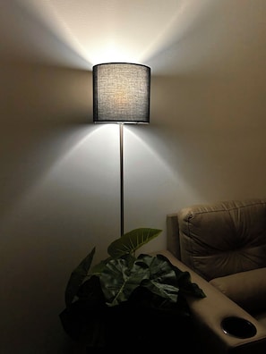 A floor lamp with a textured shade, a potted plant, and a leather sofa in a room.