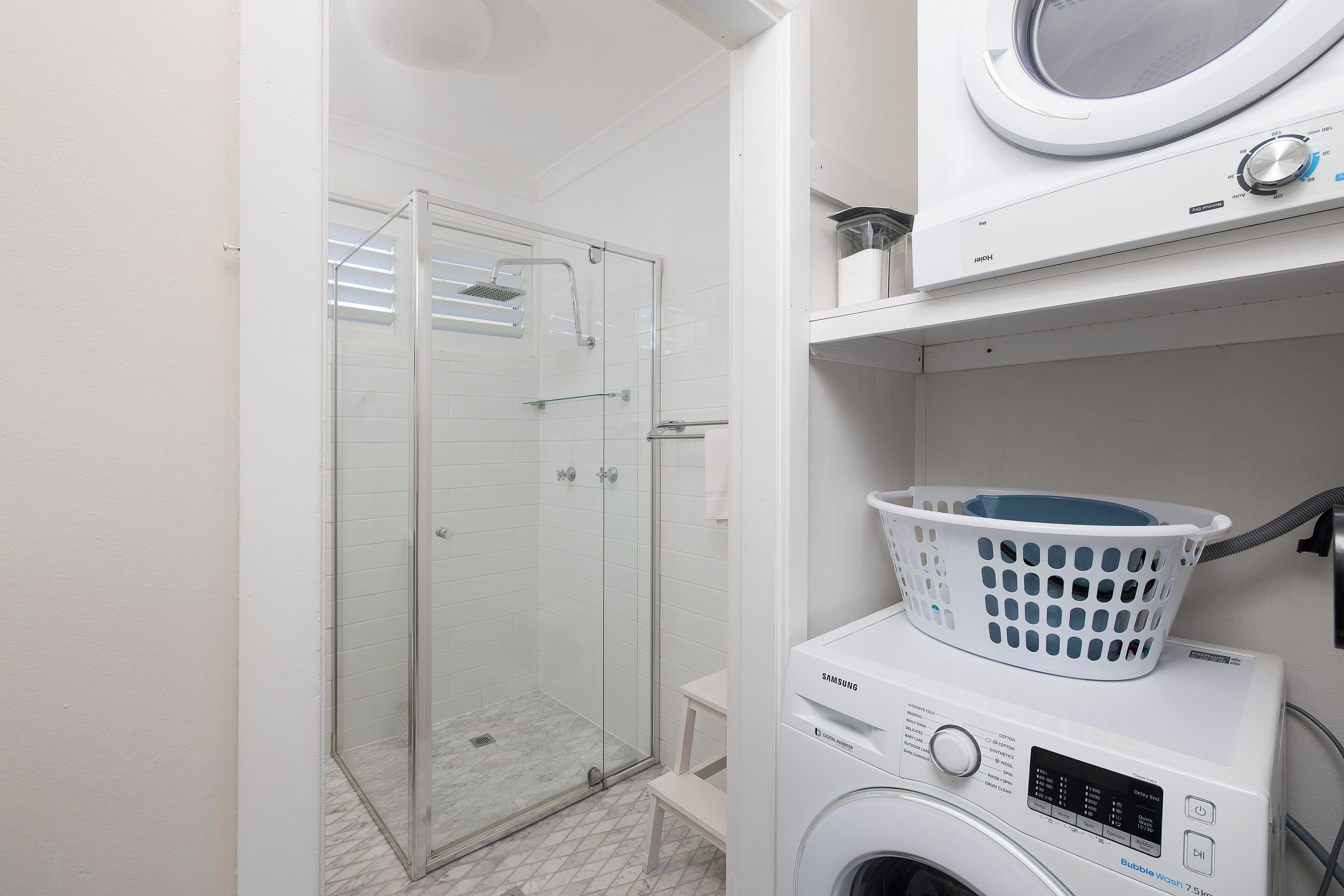 Shower, towels, toilet paper